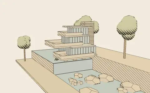 3D model: A house over the falls.