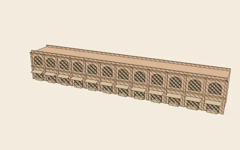 3D model: An arcaded range of shops.