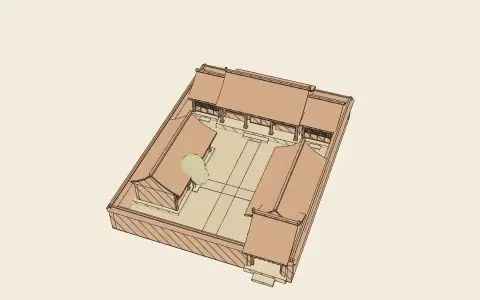 3D model: A courtyard house on its lot.