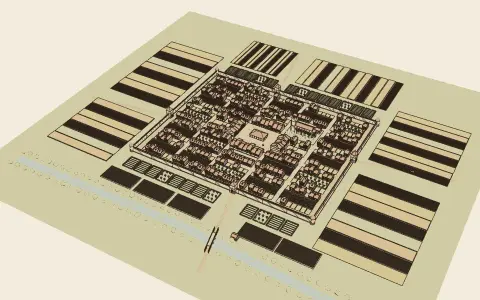A town in each style: the model drawn as an engraving