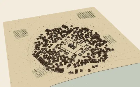 A town in each style: the model drawn as an engraving