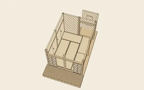 The tatami room: the model drawn as an engraving