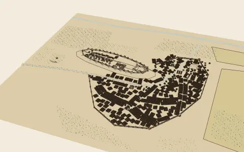 A town in each style: the model drawn as an engraving