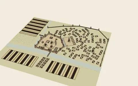 A town in each style: the model drawn as an engraving