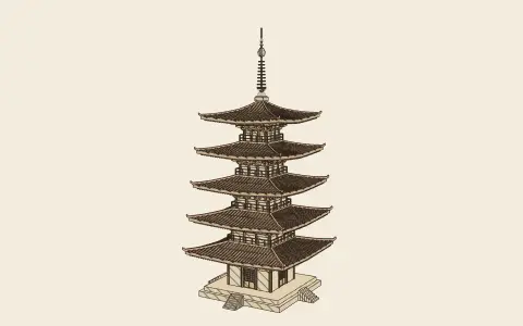 The timber pagoda: the model drawn as an engraving