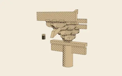The bracket set (dougong): the model drawn as an engraving