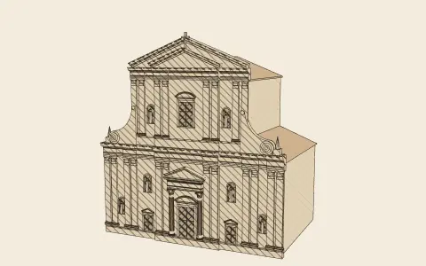The scrolled church front: the model drawn as an engraving