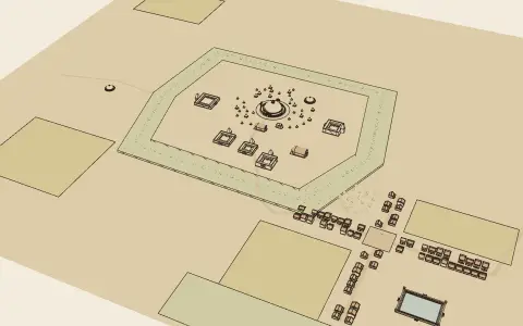 Sanchi, a monastery on its hill: the town's model seen from above, drawn as an engraving