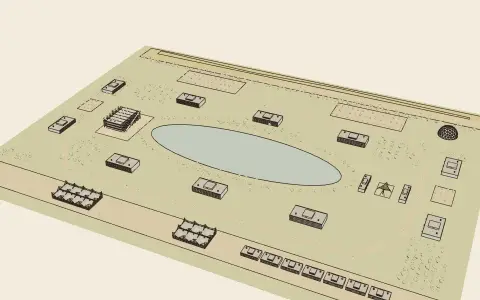 A high-tech business park: the town's model seen from above, drawn as an engraving