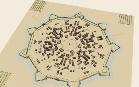 A fortress town of nine bastions: the town's model seen from above, drawn as an engraving