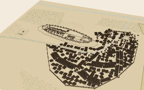 Granada under the Nasrids: the town's model seen from above, drawn as an engraving