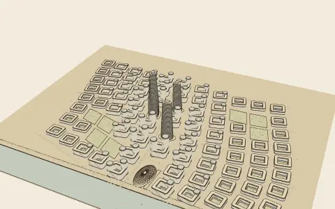 A parametric urban field: the town's model seen from above, drawn as an engraving