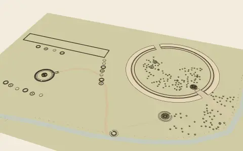 Durrington Walls and Stonehenge: the town's model seen from above, drawn as an engraving