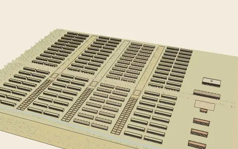 A solar eco-district: the town's model seen from above, drawn as an engraving
